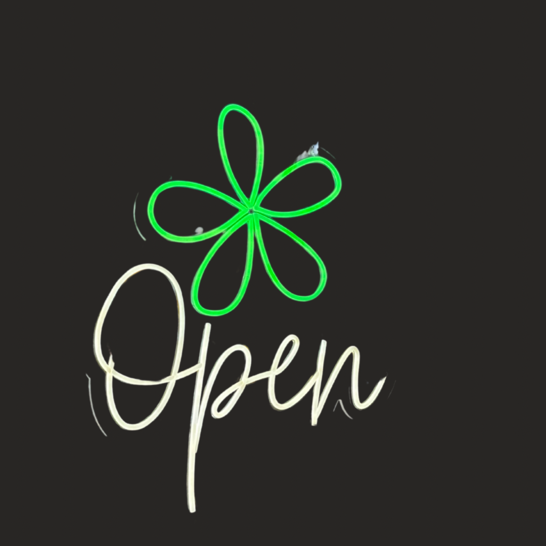 green and white neon open sign on a florist front window | Florist Open Neon Sign | Neon Open Signs Sunshine Coast