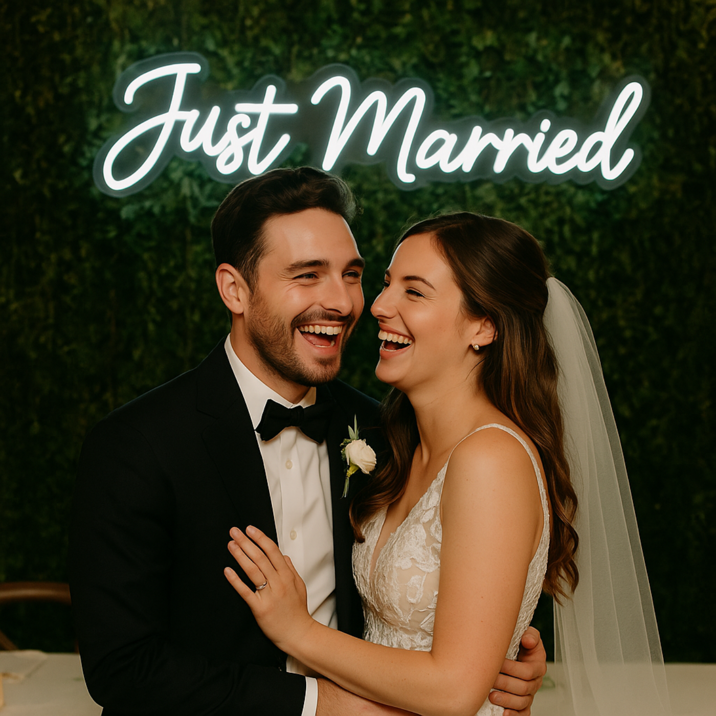 white just married neon hanging on a green wall backdrop behind a married couple