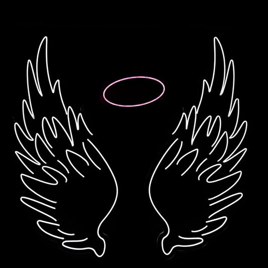 stunning white neon angel wings with pink neon halo, on a black background