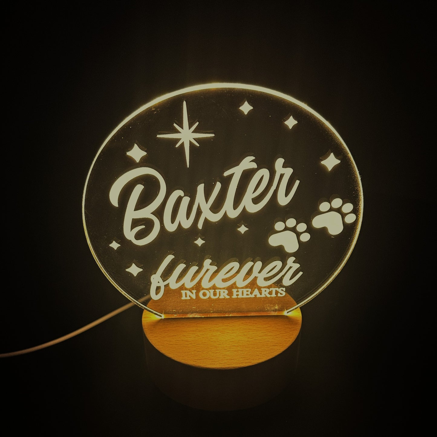 furever in our hearts memorial night light, personalised with pets name