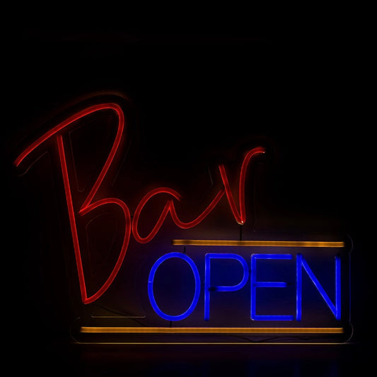 fright red, yellow and blur bar open neon sign