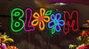 colourful neon sign, the word bloom with flowers replacing the letter oo&#39;s