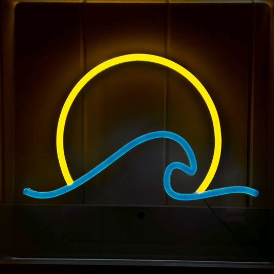 A yellow neon sun ove a vibrant blue neon wave light glowing on a dark wall