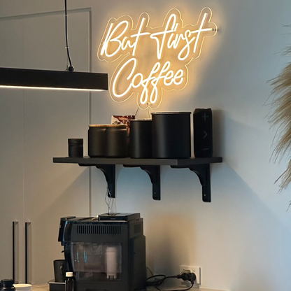 a coffee quote above a coffee service area in a home kitchen