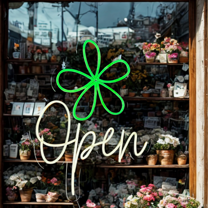 green and white neon open sign on a florist front window | Florist Open Neon Sign | Neon Open Signs Sunshine Coast