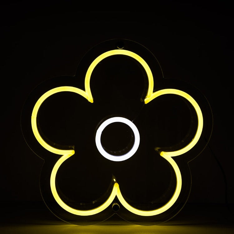 yellow-and-white-daisy-flower-shape-neon-sign-with=black-background