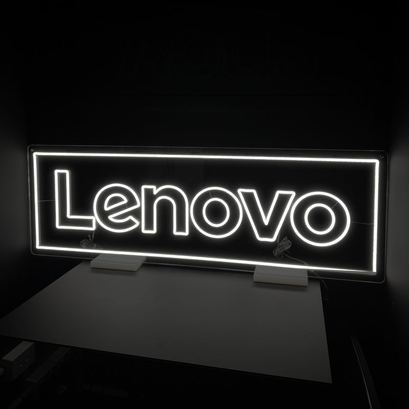 Lenovo logo neon sign in white with a box border