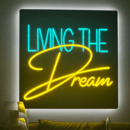 ice blue and yellow neon on a matte black acrylic backing with a white backing glow