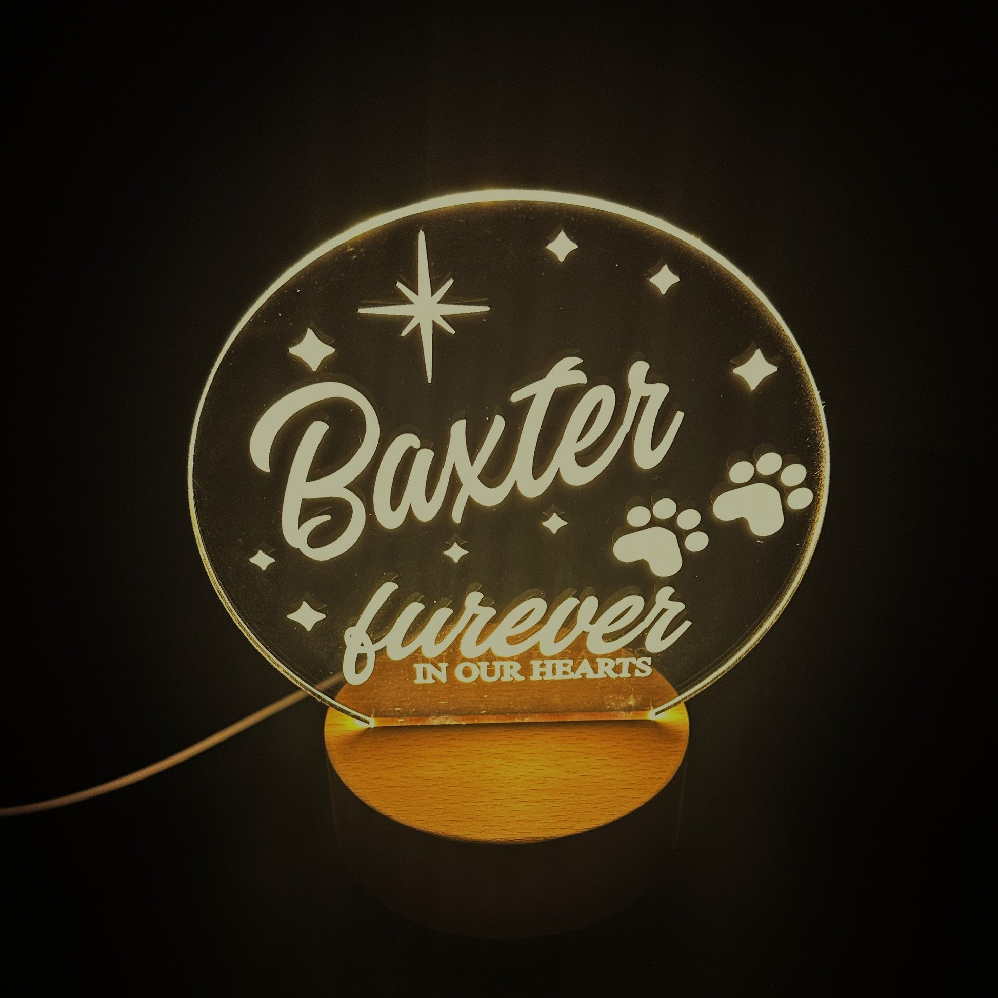 furever in our hearts memorial night light, personalised with pets name
