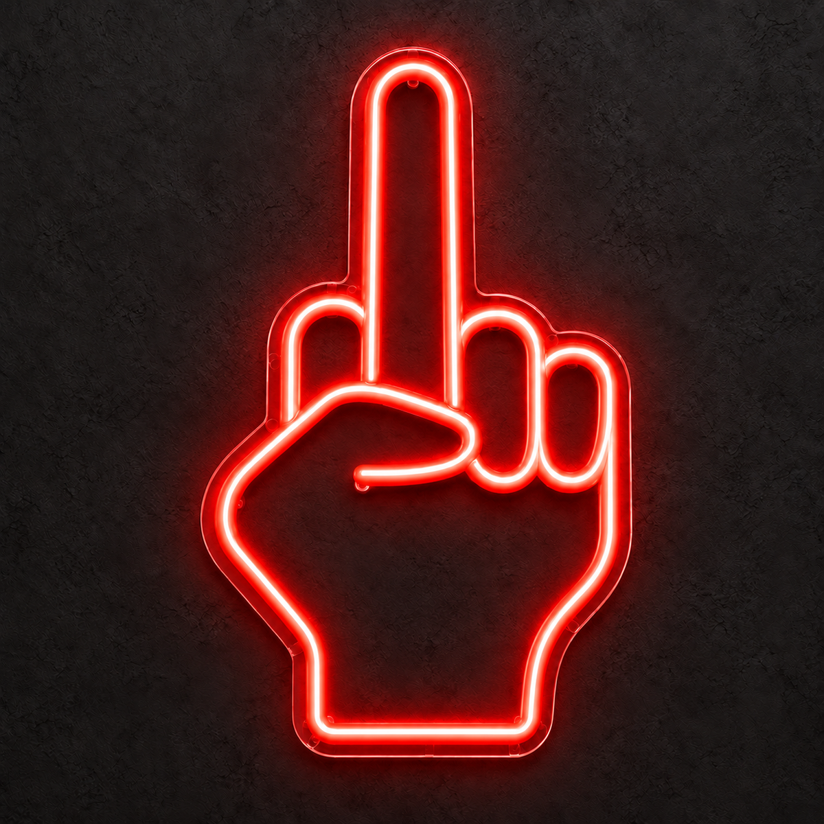 Middle finger neon sign lit up in red