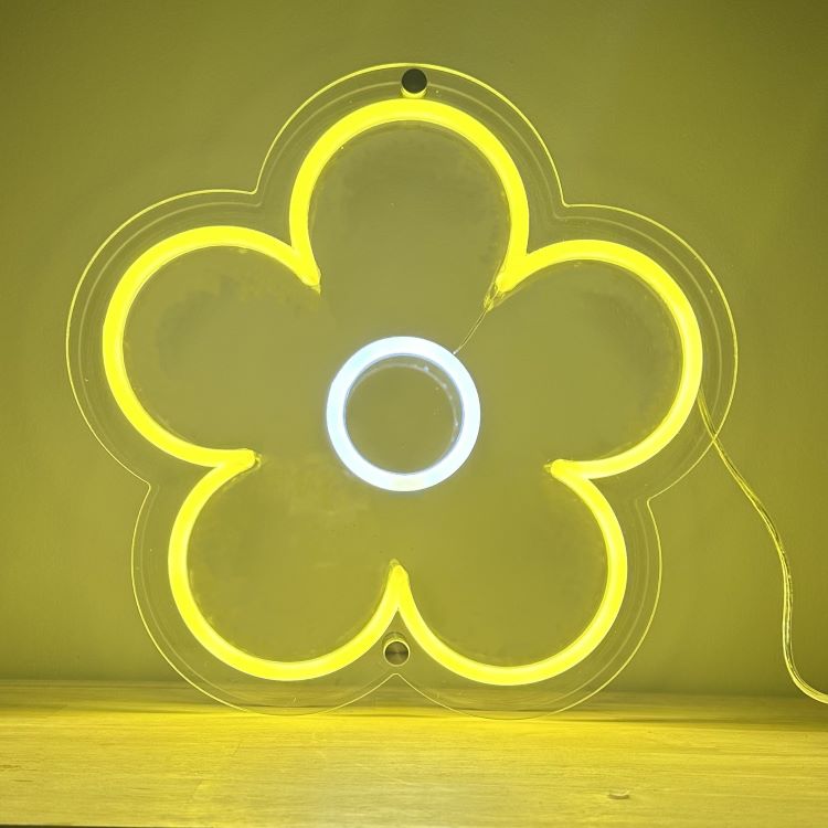 yellow-and-white-daisy-flower-shape-neon-sign-with-yellow-glowing-background