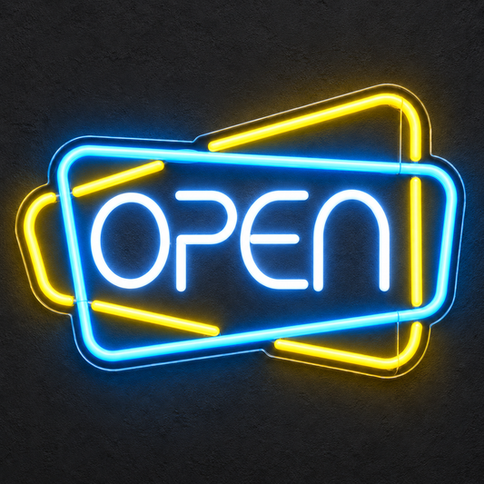 Retro Open Neon Sign lit up