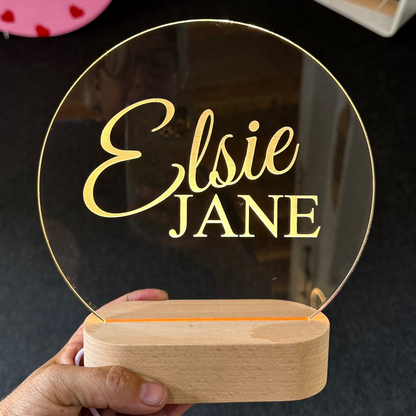 Elsie jane engraved nightlight with a arm white led light in a timber base