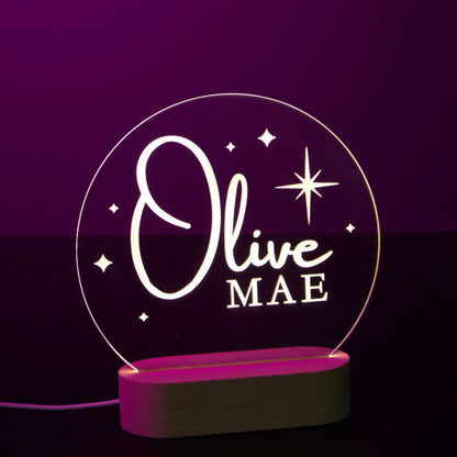 beautiful purple glow from a personalised kids name Olive Mae night light