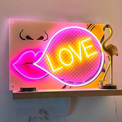 a pop art inspired artwrok  of a set of lips with the word love in a speech buble with spalshes of neon highlighting the bubble and Love,