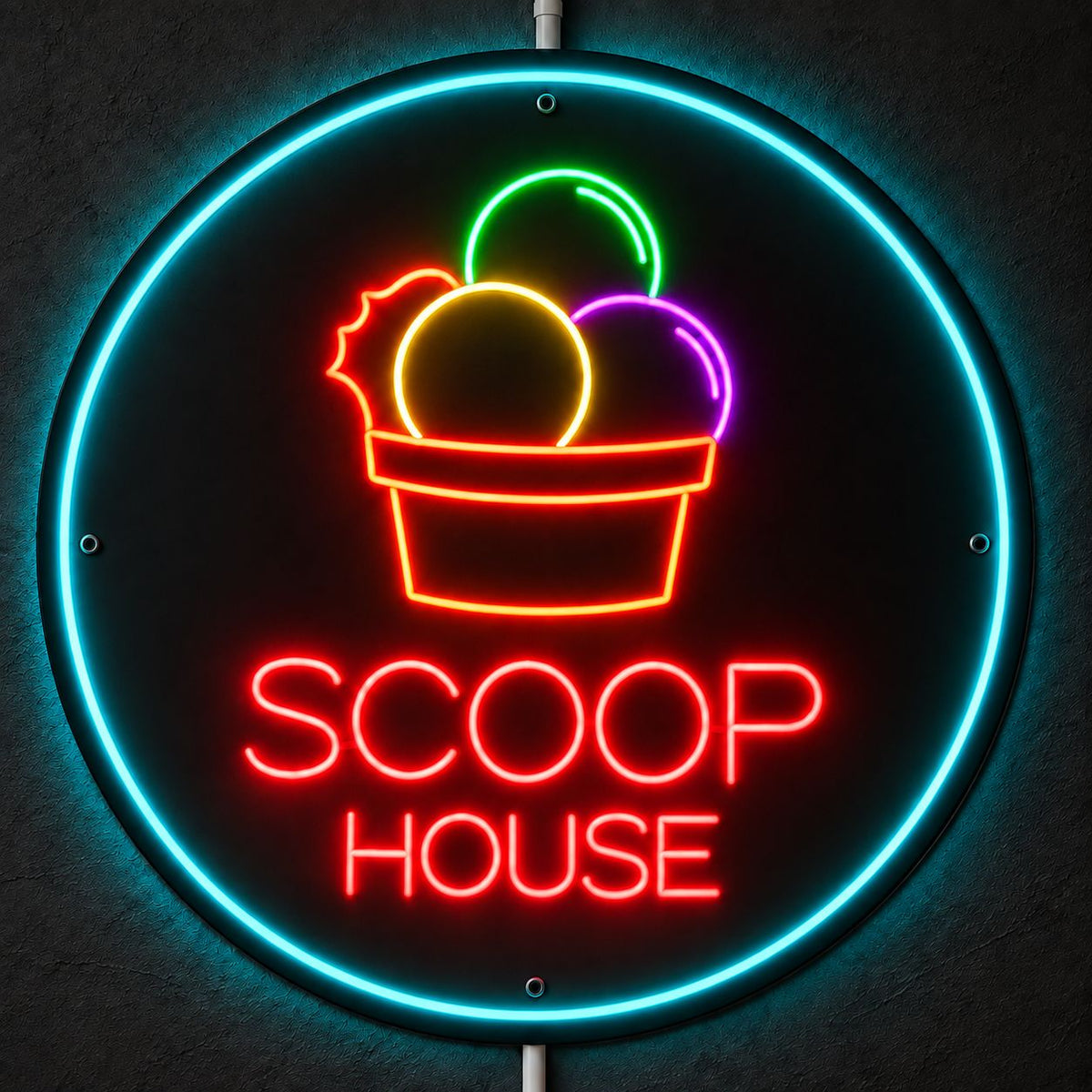 Scoop House ice cream shop neon sign with a glowing ice cream cup