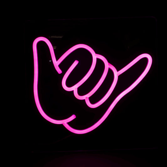 brihgt purble glowing neon shaka hand light
