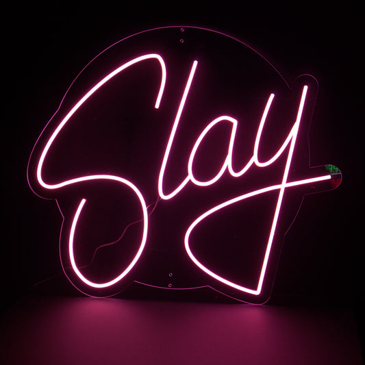 pink neon Slay sign, made from the perfect font