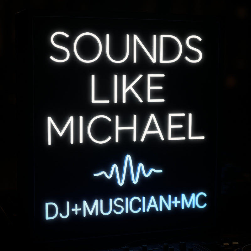 Sounds Like Michael DJ logo neon sign in white with a blue sound wave