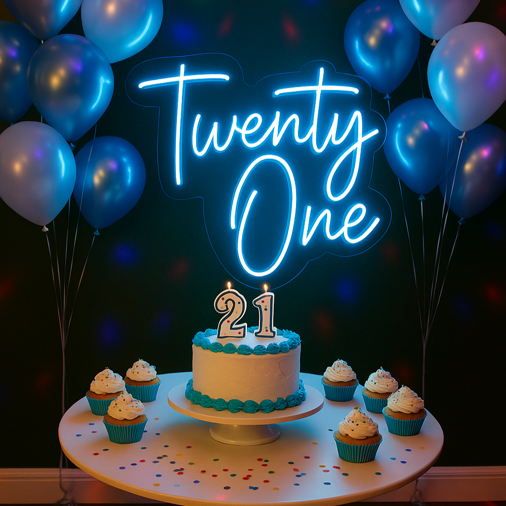 ice blue led neon for party decor, set in a backdrop with balloons behind a cake